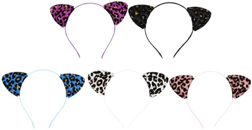 Hohopeti 5 Stück-pack Glitter Leoparden Katzenohren Haarreif aus Gewebe Komfortabel Einzigartiges Party Haaraccessoire für Festival und Halloween Zufällige Farbe