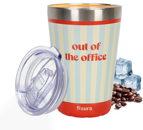 Fisura – Vaso termo original “Out of the office”. Vaso termo para llevar azul y beige. Taza de café 310 ml. Taza térmica acero inoxidable para coche. Libre de BPA. Regalo divertido.