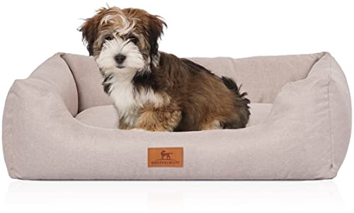 Knuffelwuff Hundebett Emma aus Velours mit feinem Handwebcharakter in Pastellfarben S 70 x 50cm Beige - Abnehmbarer Bezug - leicht zu reinigen - für große, mittelgroße und kleine Hunde