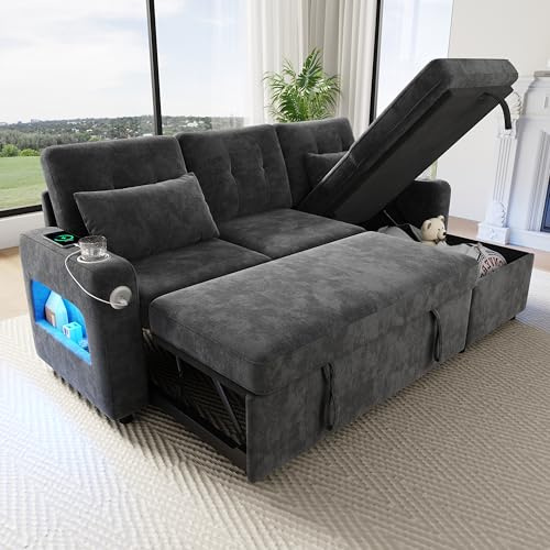 BTM L Form Ecksofa mit Schlaffunktion und Bettkasten, Schlafsofa mit Stauraum, LED‑Beleuchtung Wohnzimmer Sofa Grau