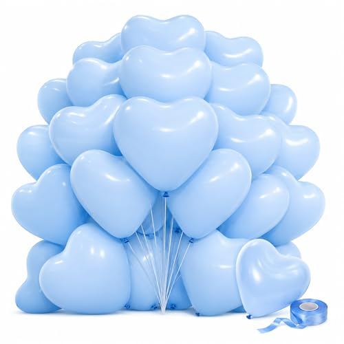 Gleemix 50 Stück Macaron Luftballons Blau, Herz Weiße Luftballons Girlande | Herz Latex Creme Blau Helium Ballons, Geburtstagsdeko Babyparty Hochzeit Valentinstag JGA Gender Reveal Party Bride To Be