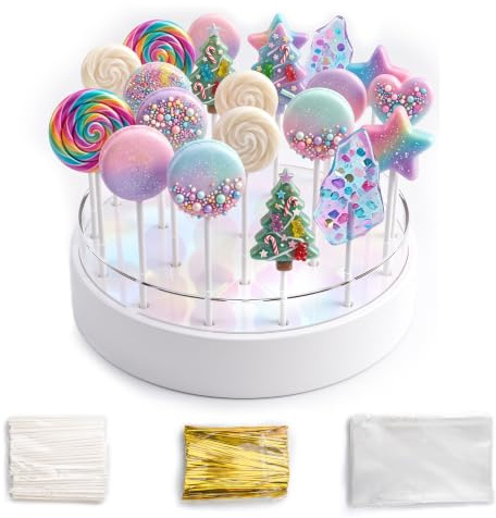 JDSlvasia Cake Pop Ständer aus klarem Acryl, 22 Löcher, runder Sockel | Doppelschichtige, Inkl. Kuchenstäbchen, Goldene Bindestreifen & Klarsichtbeutel, Vielseitig Einsetzbar für Party, Hochzeit