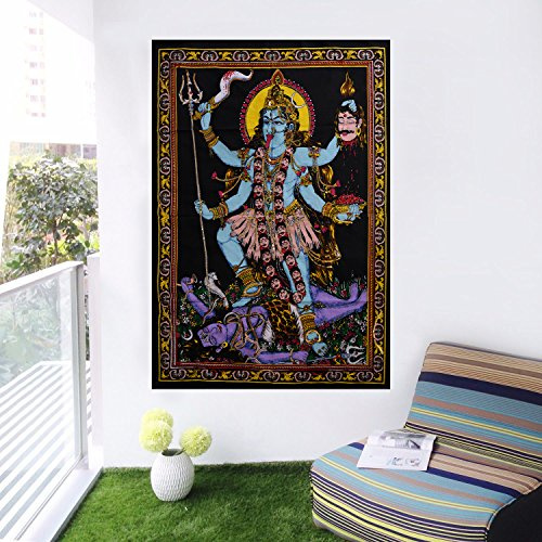 Indischer Wandteppich aus Baumwolle, mit Motiv der Göttin Kali, Postergröße, Schwarz