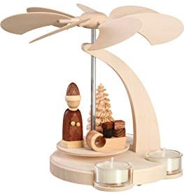 Seiffener Volkskunst | Weihnachtspyramide Teelicht Bogenpyramide | 18 cm Pyramide | Moderne Volkskunst aus dem Erzgebirge | 16260 | Weihnachtsmann mit Schlitten Natur
