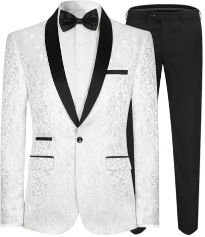 Allthemen Traje de Esmoquin Jacquard Ajustado de 2 Piezas para Hombre para graduación de Fiesta de Boda Blanco S
