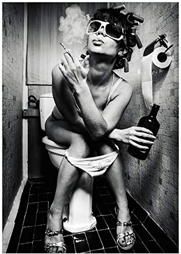 Wallario selbstklebendes Poster - Kloparty - Sexy Frau auf Toilette mit Zigarette und Schnaps, Aufkleber in Premiumqualität, Klebefolie Größe: 70 x 100 cm (Riesenposter)