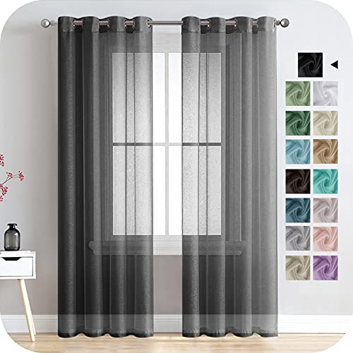 MRTREES Voile Gardinen Vorhang halbtransparent kurz mit Ösen in Leinenoptik Stores Gardinen Schals für Wohnzimmer Schlafzimmer Kinderzimmer Schwarz 225×140cm (H×B) 2er Set