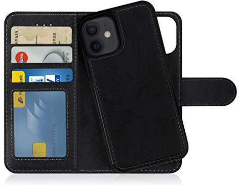 MyGadget Flip Case für iPhone 12 Mini - [ abnehmbare Magnet Hülle ] - Handyhülle aus Kunstleder - [ Klapphülle mit Kartenfach ] Schutzhülle in Grau Schwarz