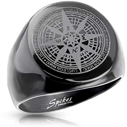 Paula & Fritz® Ring Herren Kompass 316L Chirurgenstahl Größe 62 (19,7) Silber-schwarz Herren-Ring Partnerring Ehering Siegelring Damenring Motivring