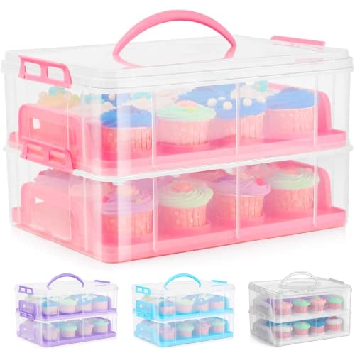SG Traders Cupcake Carrier with Handle, 2 Tier Cupcake Box Bake Cake Holder, 24 Muffin Cases Stackable Cake Caddy, Boxes Cases, Plastic Storage Box with Adjustable Compartments
