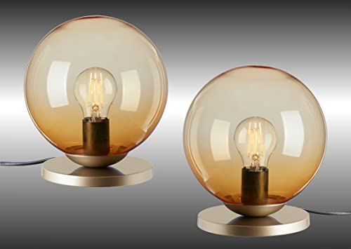 Trango 2er Set 7012AL Retro Tischlampe *PUB* Glaskegel Tischleuchte in AMBER inkl. je 1x E27 LED-Leuchtmittel & Kabelschalter, Fensterbank Leuchte, Nachttischlampe, Schreibtischleuchte, Leseleuchte