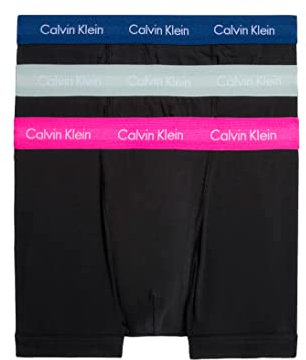 Calvin Klein Men’s 3 Pack Trunks Underwear, Black (B-Slv Sprgs/Pal Pink/Blue Dpts Wb), S