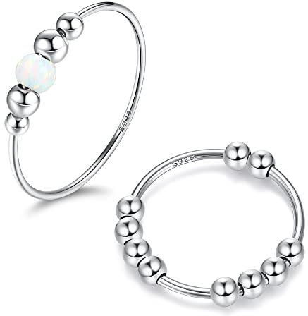 KALVICA 2 Stücke 925 Sterling Silber Angst Ring Spinner Mit Perlen Stapelbar Fidget Anti Stress Handgemachte Opalperlen für Damen Frauen