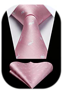 HISDERN Krawatte Rosa Herren Krawatten Kaninchen Muster mit Einstecktuch Krawatte Hochzeit und Taschentuch Set