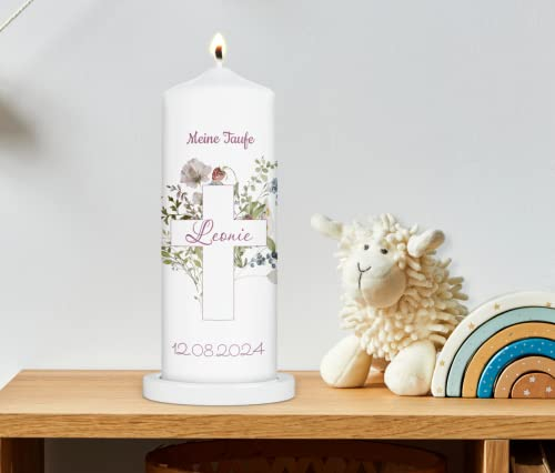 wolga-kreativ moderne Kerze zur Taufe Kommunion Konfirmation Geburt Taufkerze 20 cm x 7 cm Kreuz Wiesenblumen Leonie für Mädchen Jungen personalisiert Name Datum Taufspruch