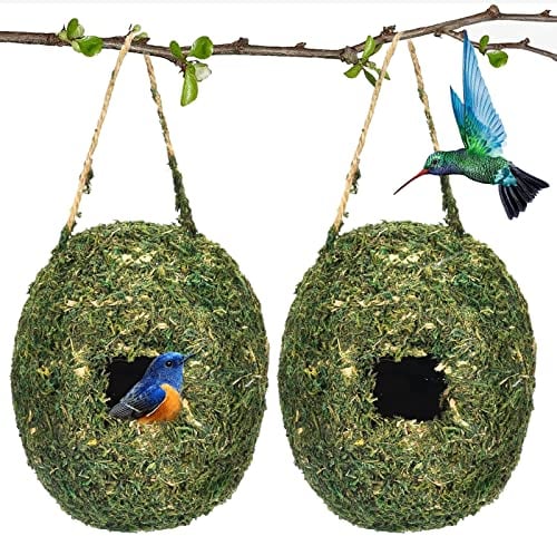 2 Stück Gras Bird Nest, Vogelnest Gras Vogelnest für Draußen Vogelhäus zum Aufhängen Vogelnest Deko Handgewebte Vogelhäuser, für Kleine Vögel wie Kohlmeisen, Robin, Spatzen und Titten, Rotkehlchen