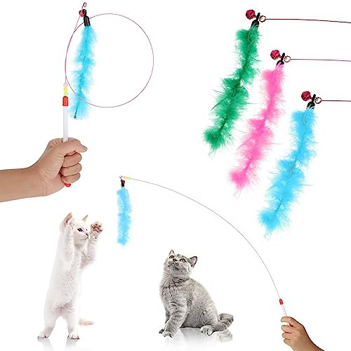 Bewudy Cat Wand Interactive Toy, 3 Sets Cat Feather Toys with Bell, Cat String Toy for Indoor Interactive, Bird Feather Pet Teaser Wand, Pet Toys for Kitten Exerciser Accessories