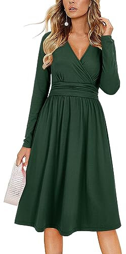 OUGES Kleid Damen Herbst Grün V-Ausschnitt Langarm Kleider Herbstkleid Knielang Winterkleid Midi Mit Taschen, L