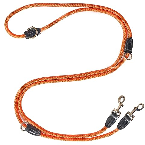 Leisegrün Verstellbare Hundeleine 3m - Robuste Nylon Doppelleine für mittelgroße bis große Hunde, 200kg Zugkraft, 2 Karabiner - Orange
