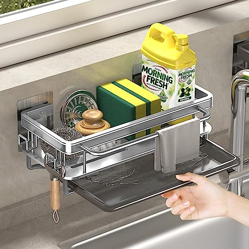 QUTHZZHY Spülbecken Organizer, Kitchen Sink Organizer mit Abtropfschale, Hängender Spülorganizer Aluminium, Küchen Schwammhalter Kein Bohren Erforderlich, für Aufbewahrung in Küche und Bad(Silber)