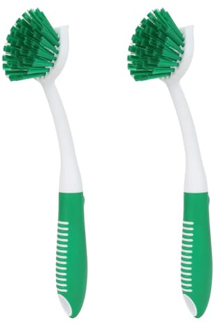 Dish Brush with Handle, 2 Pack Scrub Brushes with Built-in Scraper for Cleaning Kitchen, Pots, Pans and Sink, Scrubber Washing Tools, Green