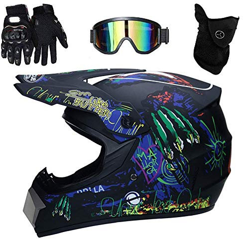 Youth Kids Motocross Helmet with Goggles Gloves Mask - Adult Unisex Full Face MTB Motorbike Helmet for ATV Scooter Cross, Downhill Enduro Racing MX Quad Dirt Bike - Matte Black