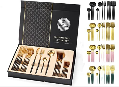 FaizeeMöbel Besteck Set Edelstahl für 6 Personen 24-teiliges Besteckset hochglanzpoliert Spülmaschinenfest Luxury Box (Schwarz Gold)