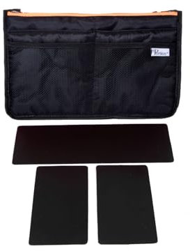 Periea 'Chelsy Premium' Handtaschenorganizer mit Kunststoffeinsätzen – für Handtaschen aller Größen – 13 Taschen (Schwarz mit Neonorangener Reißverschluss, Groß)