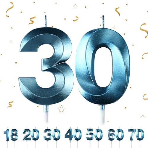 Bougies d'anniversaire Numéro 30,3D Bleu Bougie Chiffre 30,Decoration Gateau Anniversaire,Bougies Gâteau Topper Decoration,Pour Les Enfants, Adultes