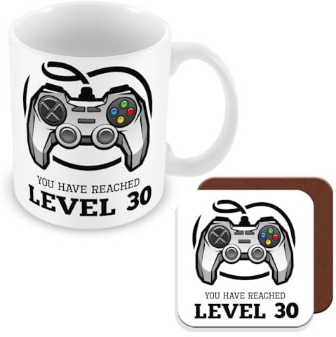 MUGGZ 30th Birthday Gift - Mug & Coaster - Gamer Level 30 - Giftset - Made in The UK – Custom Funny Coffee Mug – Unique Gift for Friends & Family