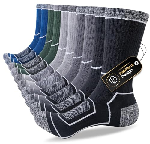 inaWarm Baumwoll Wandersocken Herren, 5 Paar, Atmungsaktiv Gepolstert | 85% Baumwolle mit atmungsaktivem Mesh und Vollpolsterung; Sportsocken für Laufen, Trekking, Wandern und Arbeit
