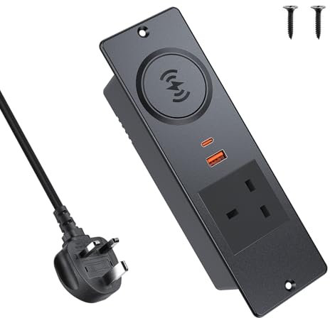 Recessed Power Socket with 15W Wireless Charger, Haiaoyyds Desk Power Socket with UK Plugs, 2 USB Ports, 2M Cable, Furniture Recessed Socket for End Table, Sofa, Cabinet