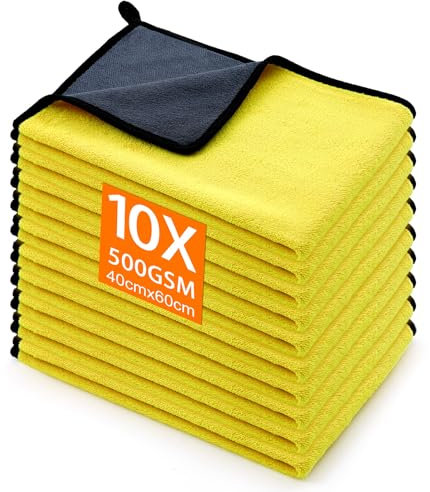 Gucass 10 PCS Chiffon Microfibre Voiture, 500 GSM Chiffons de Polissage en Microfibre, Super Absorbant Chiffon de Nettoyage en Microfibres, pour Voitures et Motos, Nettoyage Domestique, 40x60CM, Jaune
