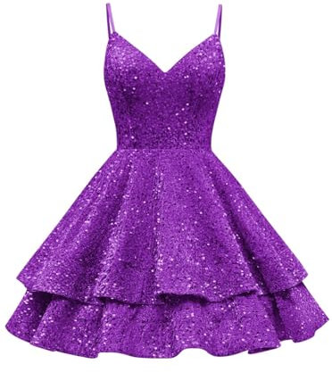 HPPEE Robe de soirée formelle à volants et bretelles spaghetti avec col en V et paillettes pour adolescent, robe de soirée formelle pour anniversaire et cocktail, violet, 46