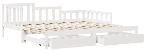 vidaXL Tagesbett, Bettsofa Ausziehbar mit Schubladen, Gästebett ohne Matratze mit Lattenrost, Ausziehbett Schlafsofa, Weiß 90x200cm Massivholz Kiefer