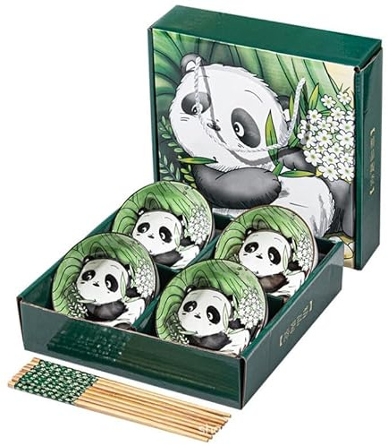 EatingBiting 4pcs Bowls & 4 Pairs of Chopsticks Panda Porcelain Rice Soup Salad Bowls Ceramic Bowls, Rice Bowl Cereal for Kitchen Assorted Designs Microwave Dishwasher Safe with gift box