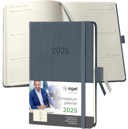 Wochenkalender Conceptum A6 2025 dunkelgrau - SIGEL - 1 Woche auf 2 Seiten - Terminplaner Softcover mit Stiftschlaufe, Quickpocket, Archivtasche, 2 Zeichenbänder und Stickerbogen - 9,3 cm x 14 cm