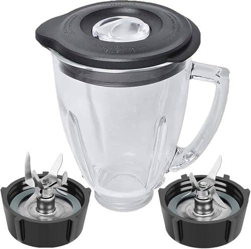 Récipient De Rechange Pour Mixeur Compatible Avec Osterr Blender 6 Cup 1.25 Litres, Vaso De Licuadora Osterr 48 Ounce 12 Speed Round Glass Jar Avec Ice Blade, Bottom Cap Base, 8 - Piece Blender Kit