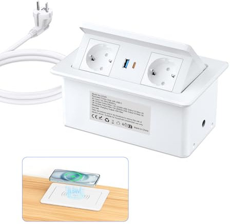 Ohuo Enchufe Empotrable Mesa con USB C 20W y 15W Cargador inalámbrico, Regleta Empotrada Mesa con USB y USB C, Blanco