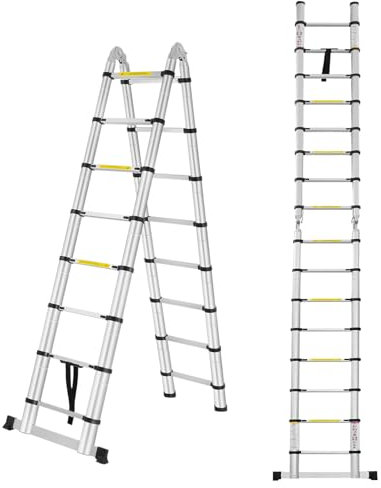 Mehrzweckleiter,Aluminium Teleskopleiter,Multifunktionsleiter,Ausziehbar Stehleiter,Teleskop Klappleiter,Ausziehleiter mit Abnehmbarem Rollen,Ausziehbare Haushaltsleiter für Garten Innen(2.5M+2.5M)
