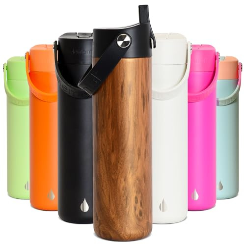 Elemental Insulated Kids Water Bottle with Straw & Lid 530ml - Teak Wood | Stainless Steel, Straw Lid, Pop-It Handle, Leak-Proof, Vacuum Insulated, Keeps Drinks Cold, School, Travel & Sports Boys