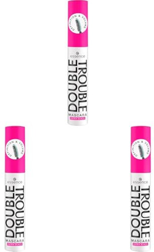 essence DOUBLE TROUBLE MASCARA EXTRA BLACK, Schwarz, langanhaltend, volumengebend, schwunggebend, intensiv, vegan, ohne Mikroplastikpartikel, Nanopartikel frei, ohne Parfüm, 3er Pack (12ml)