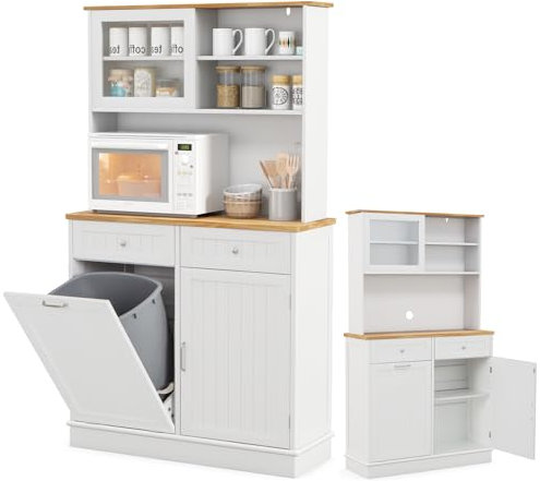 KOMFOTTEU Buffet Haut avec Support pour Poubelles, Colonne de Cuisine avec 2 Tiroirs & 2 Armoires à Portes, Meuble Rangementd de Cuisine, Plan en Bois Massif, 100 x 34 x 172 cm, Blanc
