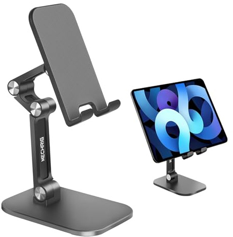 Foldable Phone Stand for Desk - Adjustable Height & Angle Cell Phone Holder, Portable Tablet Stand with Anti-Slip Base for Home, Office, and Travel, Compatible with iPhone & All 4-11 Devices (Black)