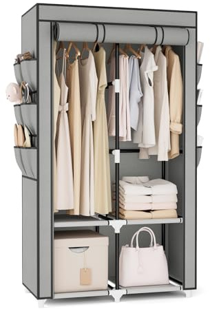 Vicye Tragbarer Kleiderschrank Stoffschrank für Hängende Kleidung mit 4 Ablagen, 2 Kleiderstangen und 6 Taschen, Stabil und Leicht Aufzubauen, Schrank mit Abdeckung für das Schlafzimmer, Grau