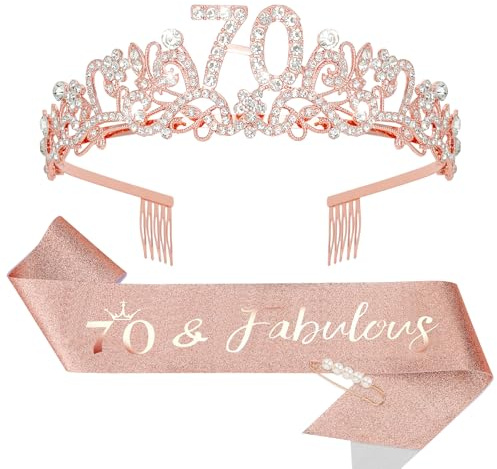 KIUEZIR Set di corona e fascia per il 70° compleanno, in lega resistente e strass, con pettini antiscivolo, fascia glitterata e spilla di perle per decorazione del 70° compleanno