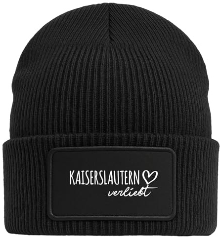 Huuraa Beanie Kaiserslautern verliebt Geschenk | Black Geschenkidee Schwarze Rippstrick Wintermütze mit austauschbarem Klett Patch