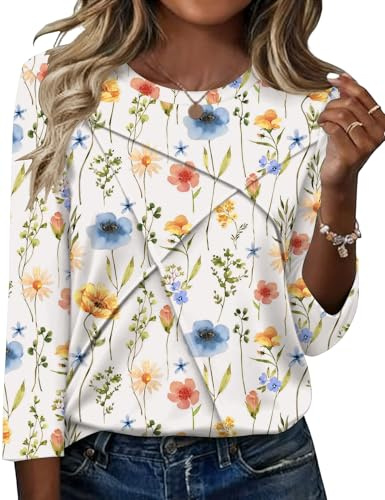 Kistore Ladies Tops 3/4 Sleeve Top for Women Crew Neck Pleated Shirts S-XXL