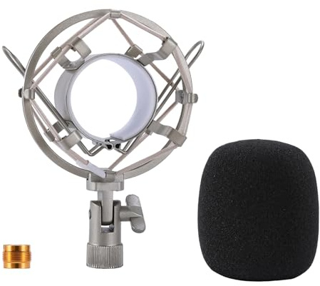Lukvcoe Universal 47-53mm Araña Micrófono Soporte de choque Antivibraciones Clip de soporte de micrófono de metal de alto aislamiento, con Cubierta Antiviento - Plateada