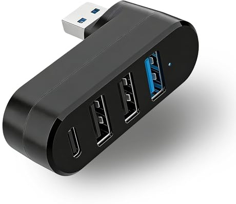 Mini Hub USB 3.0 de 4 Puertos con Rotación 90°/180°, 3 Puertos USB-A y 1 USB-C, Hub USB Compacto para Portátil, PC, Impresora, Coche, Teclado y Ratón